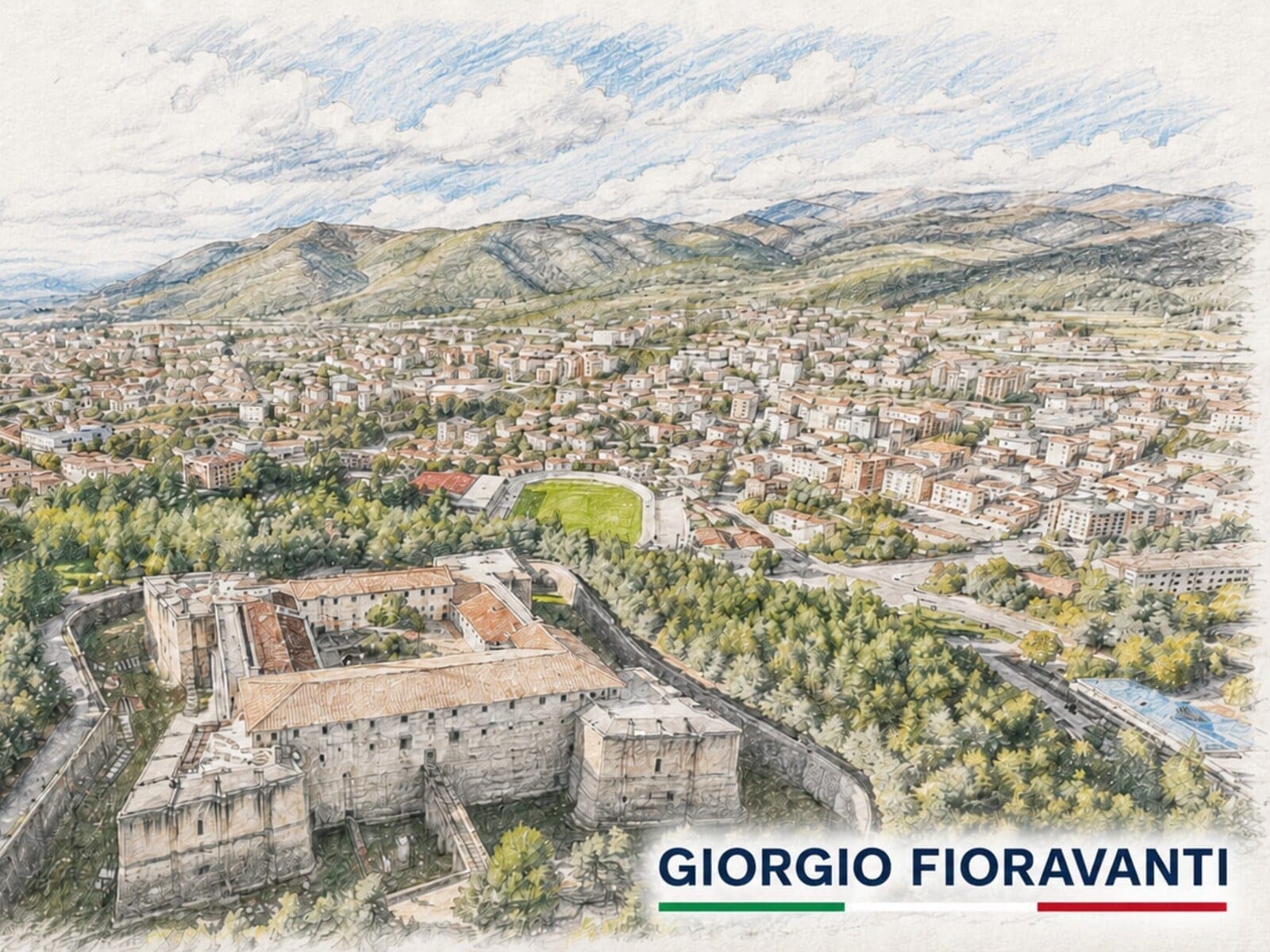Veduta illustrata del centro storico dell’Aquila con il nome Giorgio Fioravanti